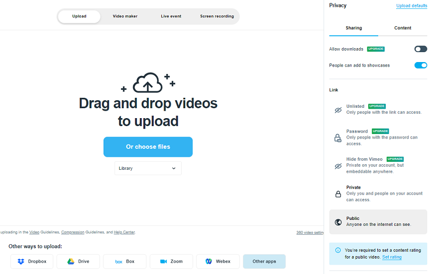 Vimeo privacy options