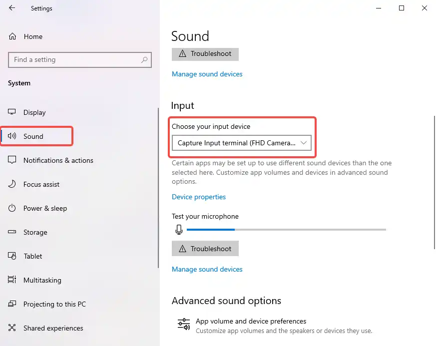 select a physical microphone as input sound device