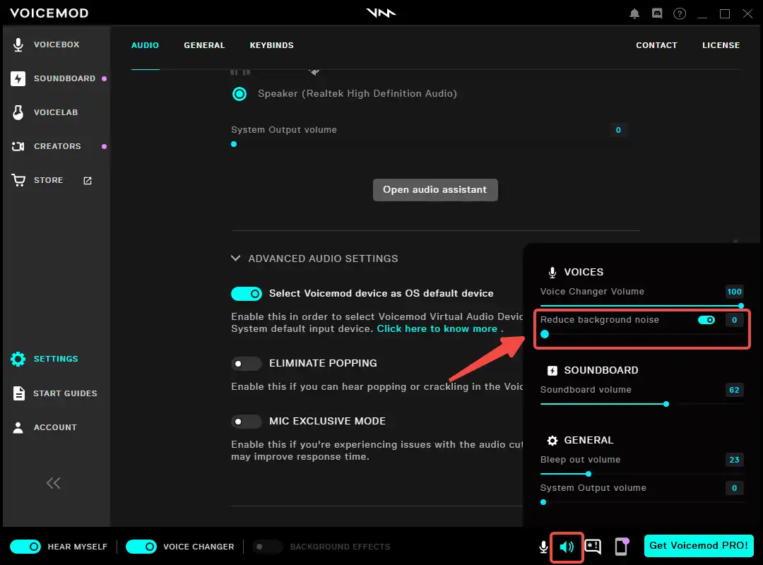 adjust or disable the background noise reducer