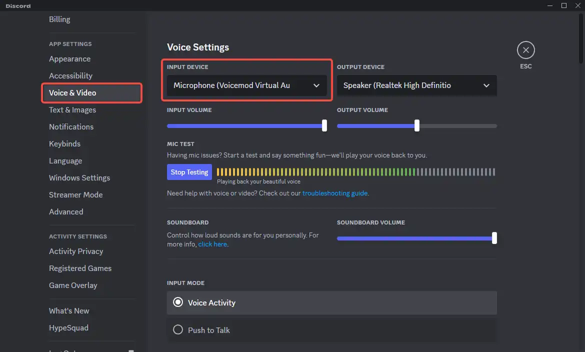 select Voicemod as the microphone device