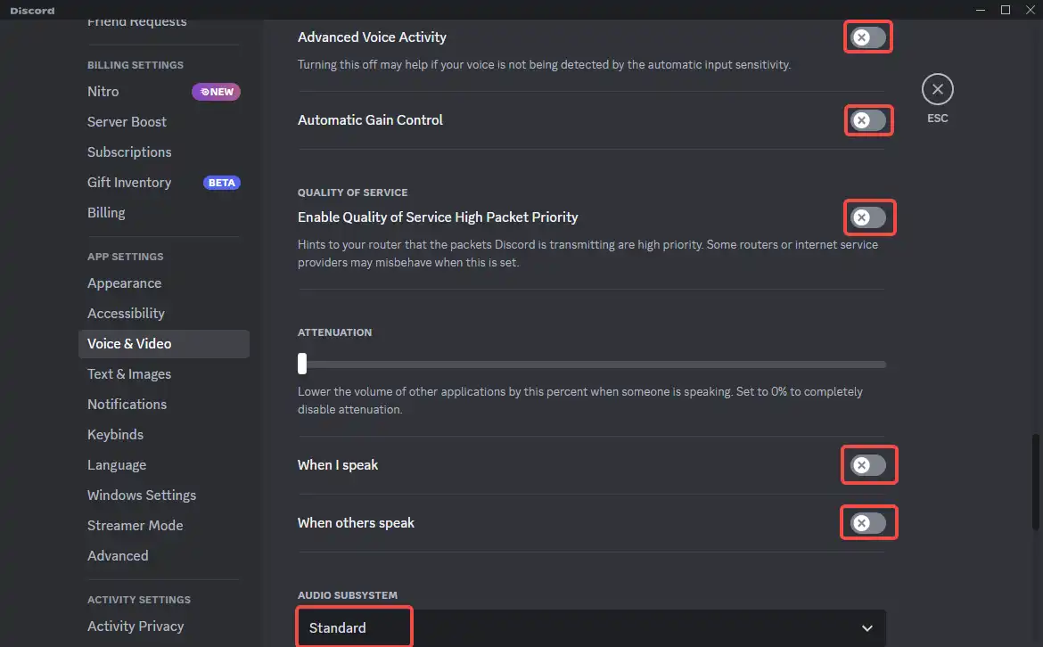 unchecked all advanced voice features in Discord