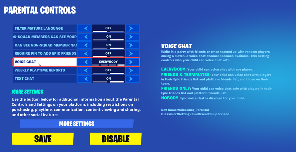 switch the voice chat channel in parental control settings