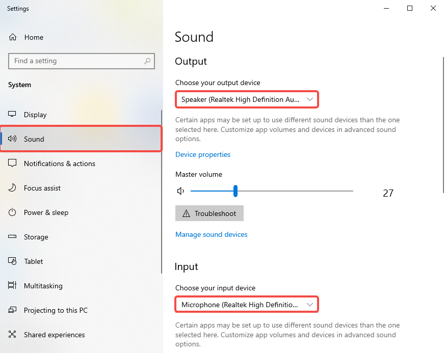 sound settings – Windows