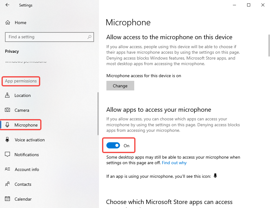 allow apps to access your microphone in Windows Privacy settings