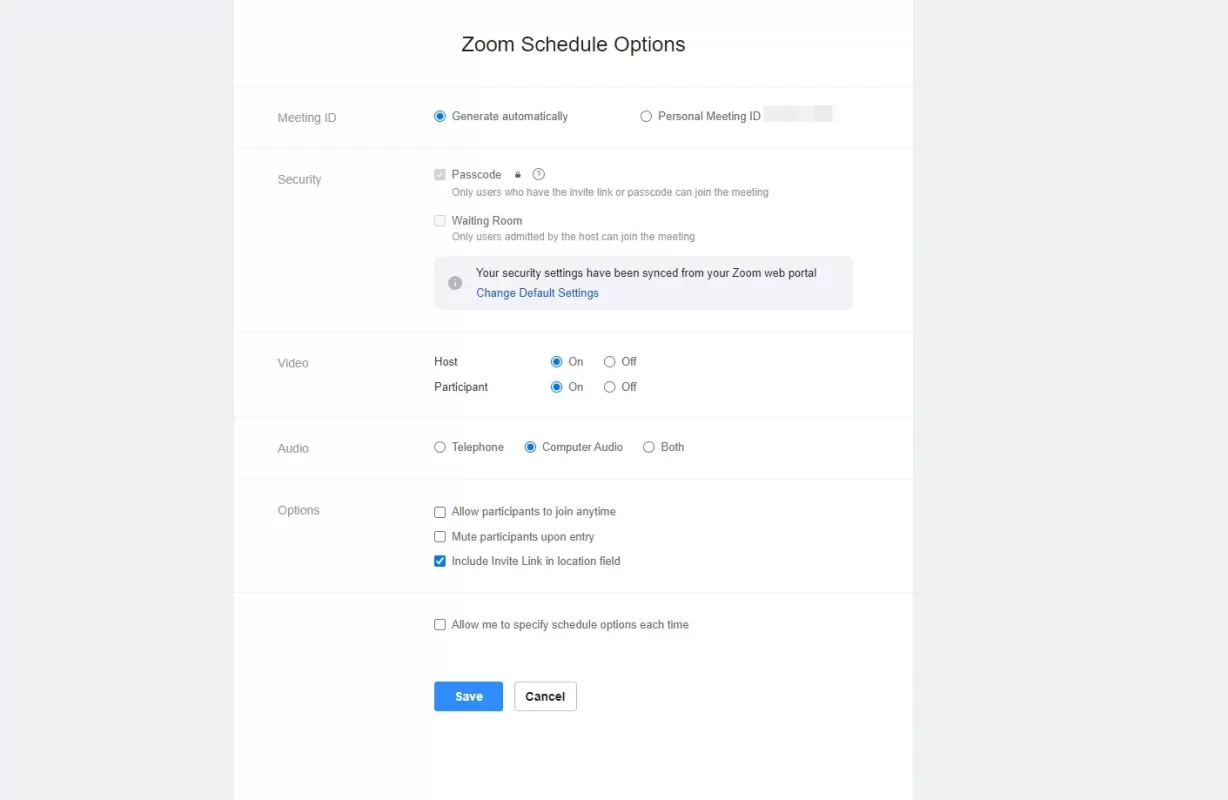 save the Zoom schedule options