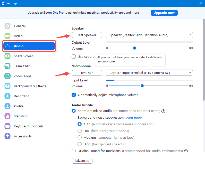 check Zoom audio settings