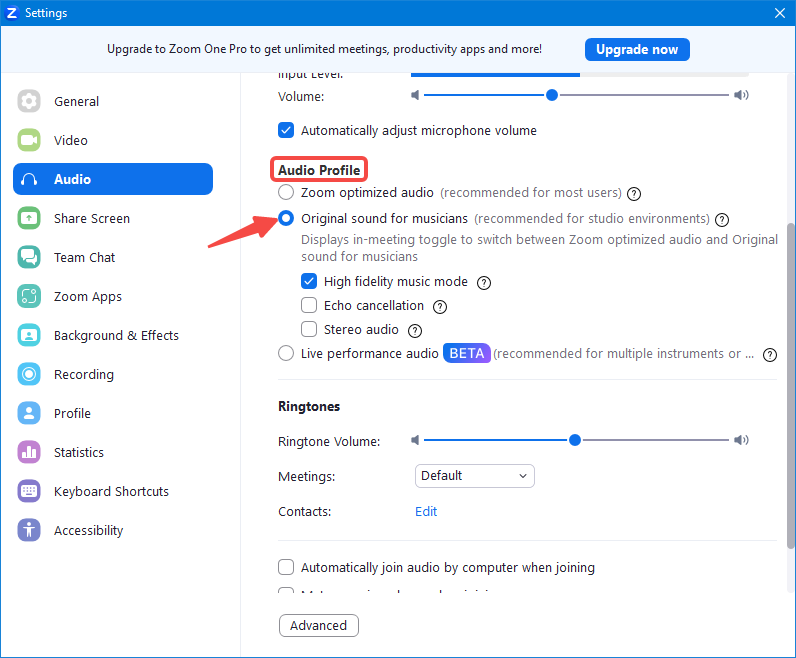 enable original sound profile in Zoom settings