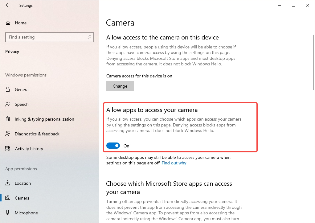 Allow apps to access your camera