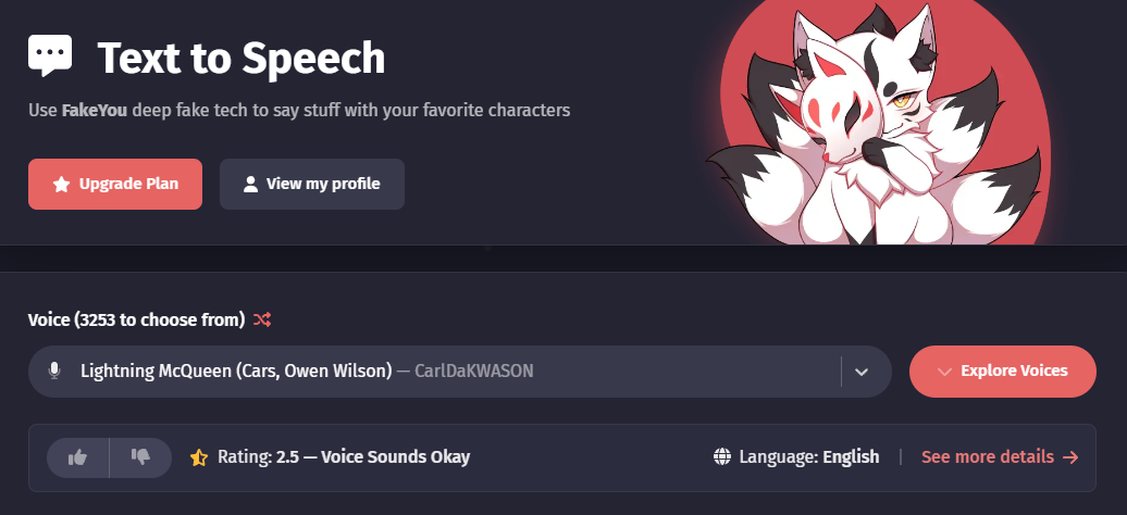 FakeYou - Lightning Mcqueen text-to-speech voice