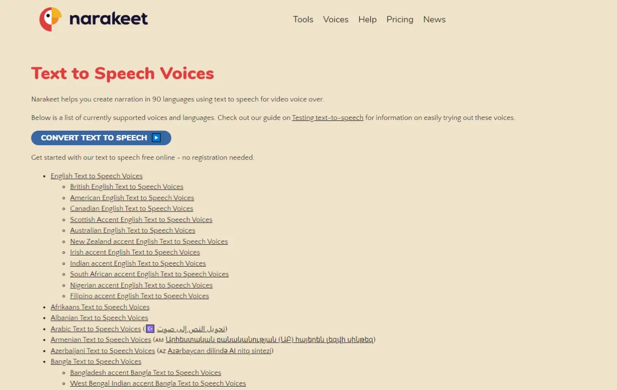 Narakeet Text to Speech Voices