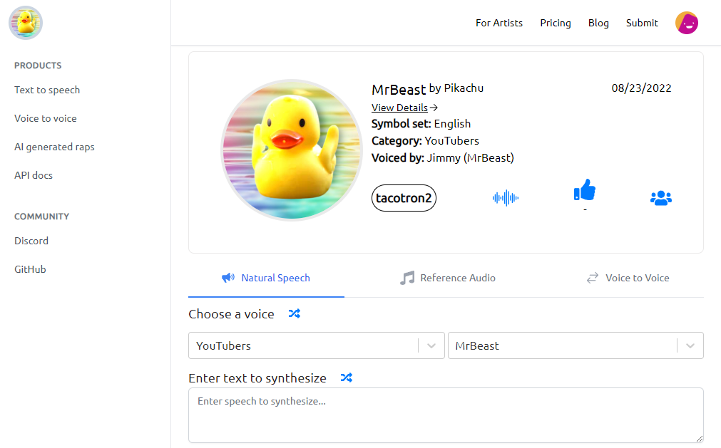 Uberduck - Mr. Beast text to speech