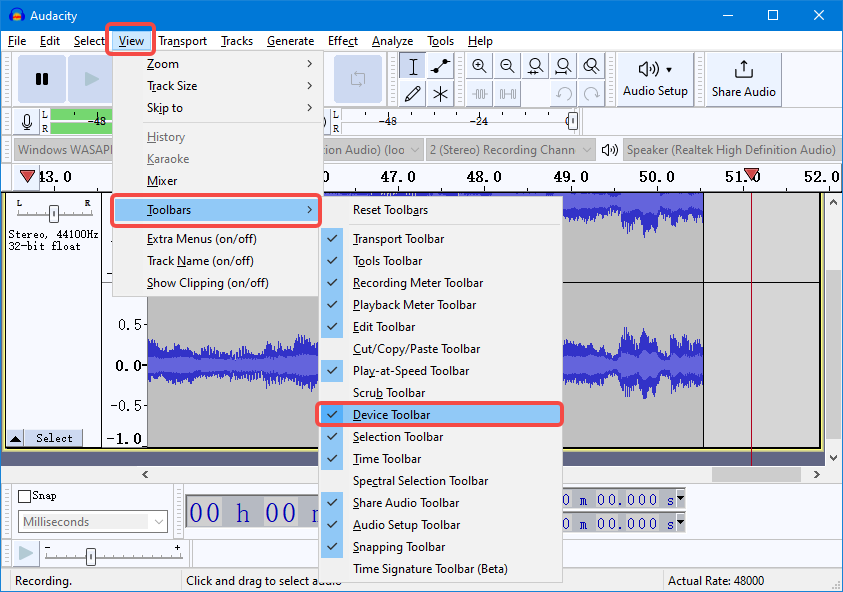 enable the Device Toolbar in Audacity