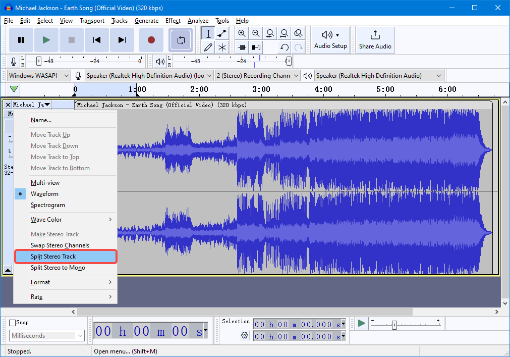 click on Split Stereo Track