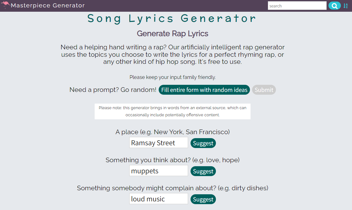 Song Lyrics Generator - random rap song generator