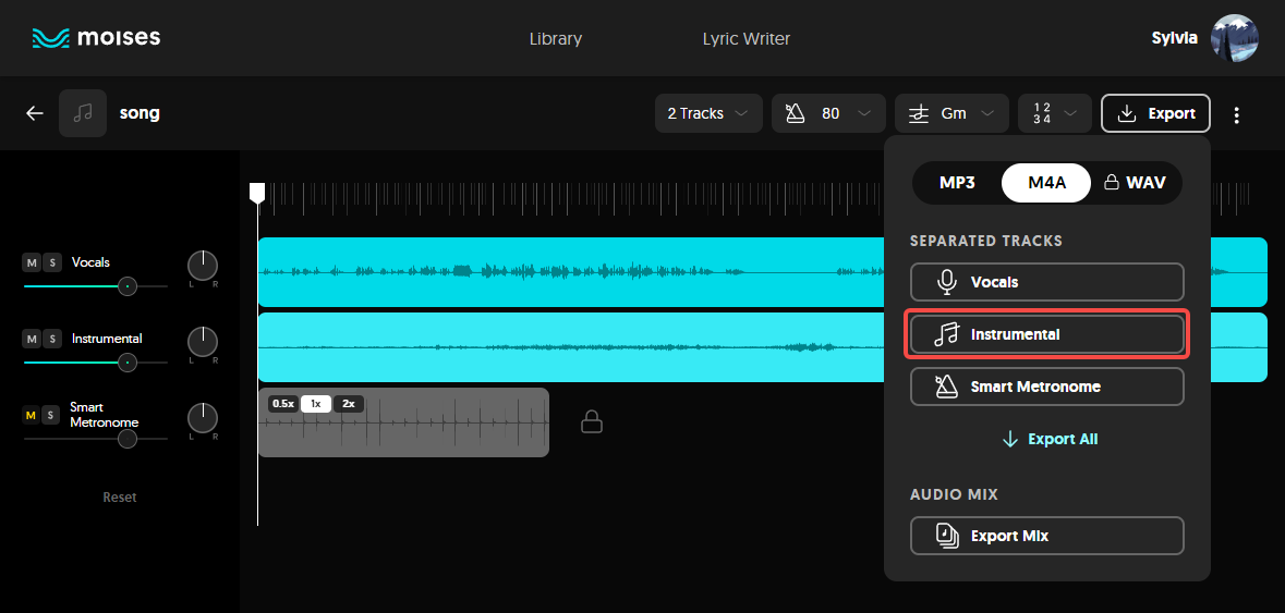 export the separated tracks