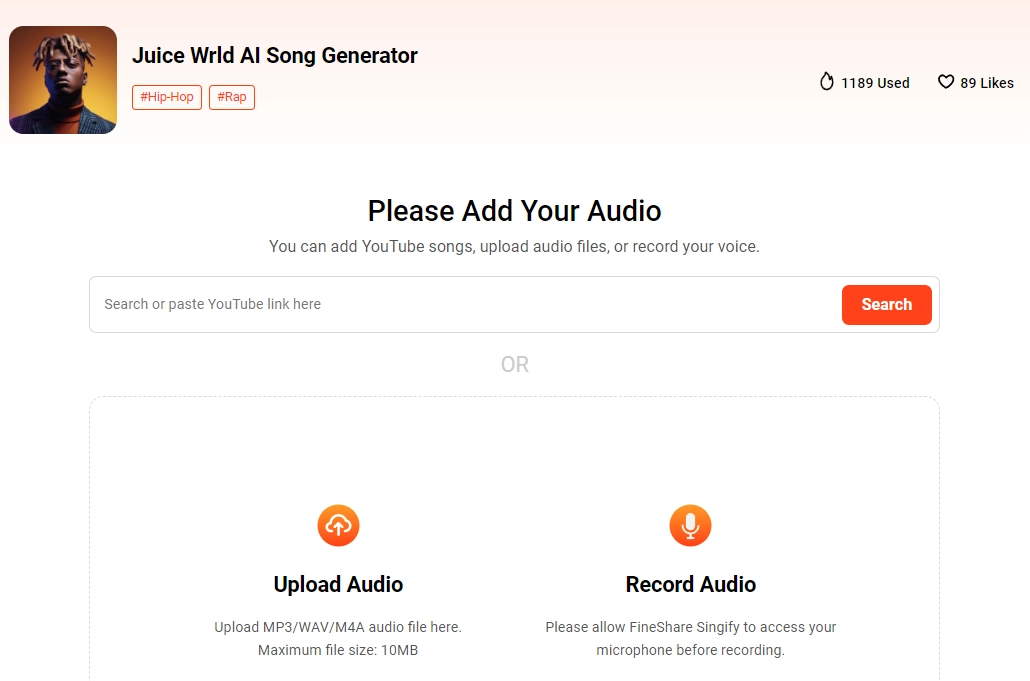 input your audio to Singify