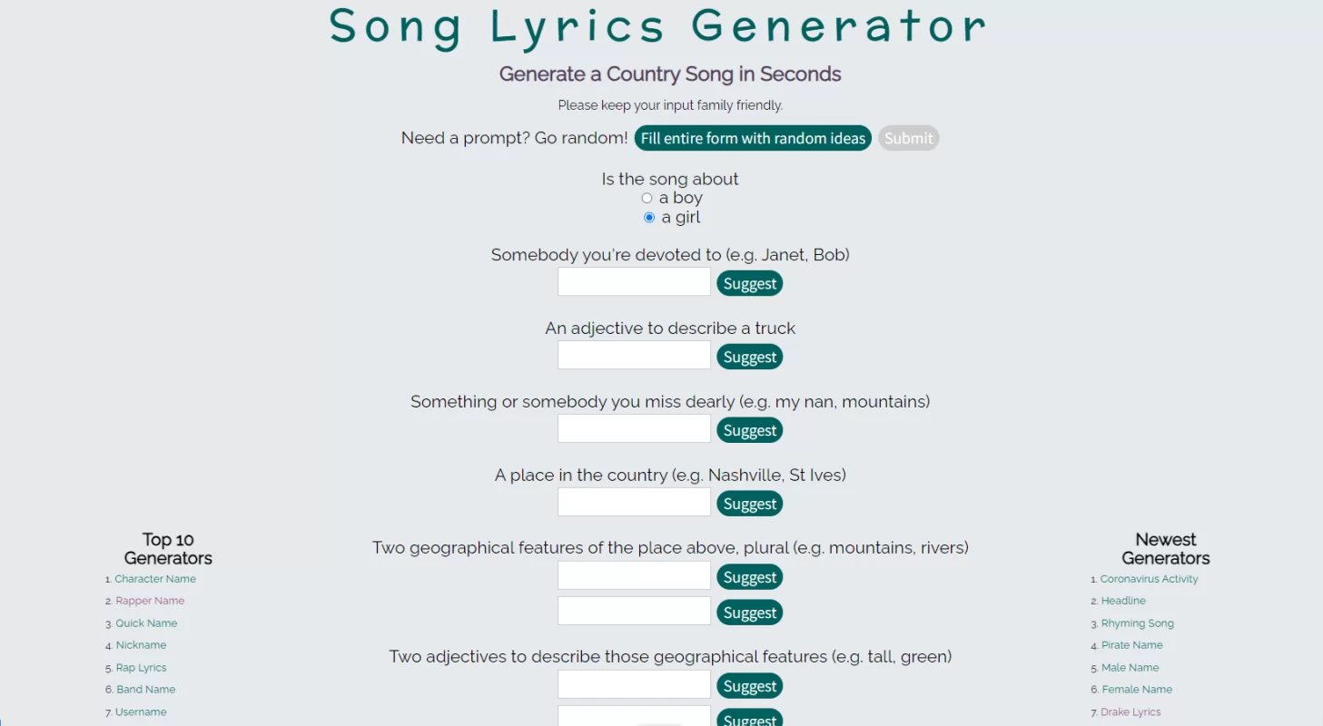 Country Song Lyrics Generator