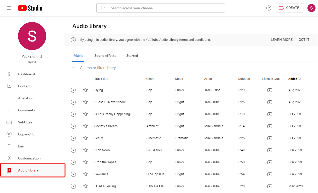 go to YouTube Audio library from YouTube Studio