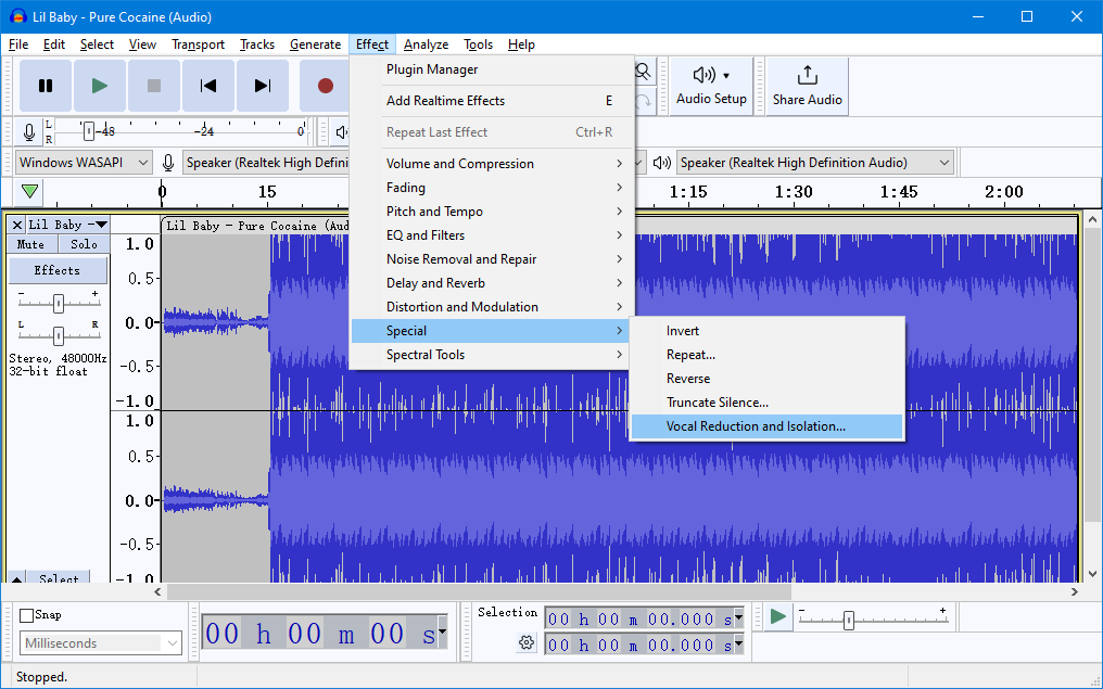 remove vocals from audio - Audacity