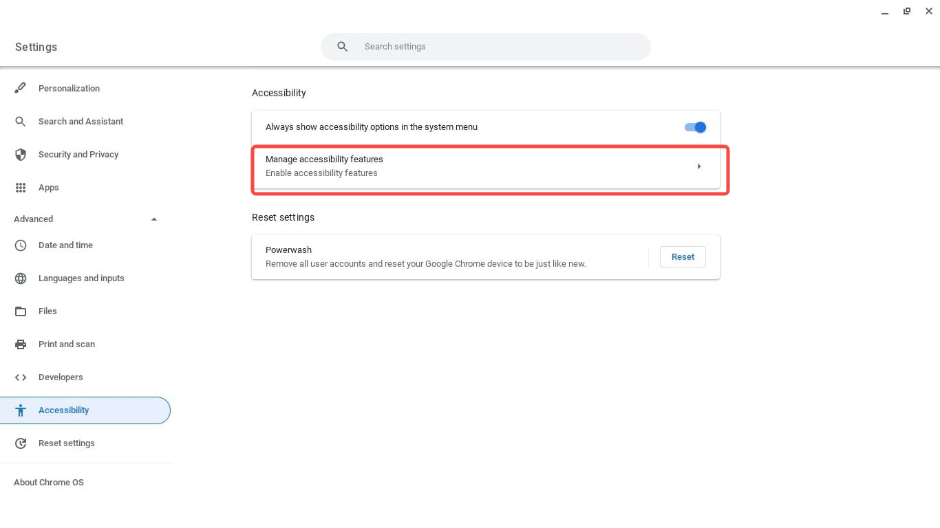 click Manage accessibility features