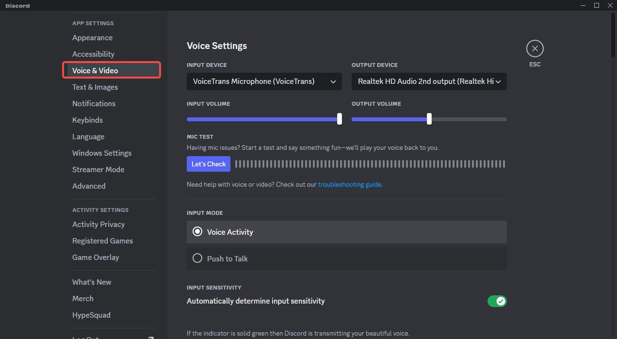 Voice & Video Settings