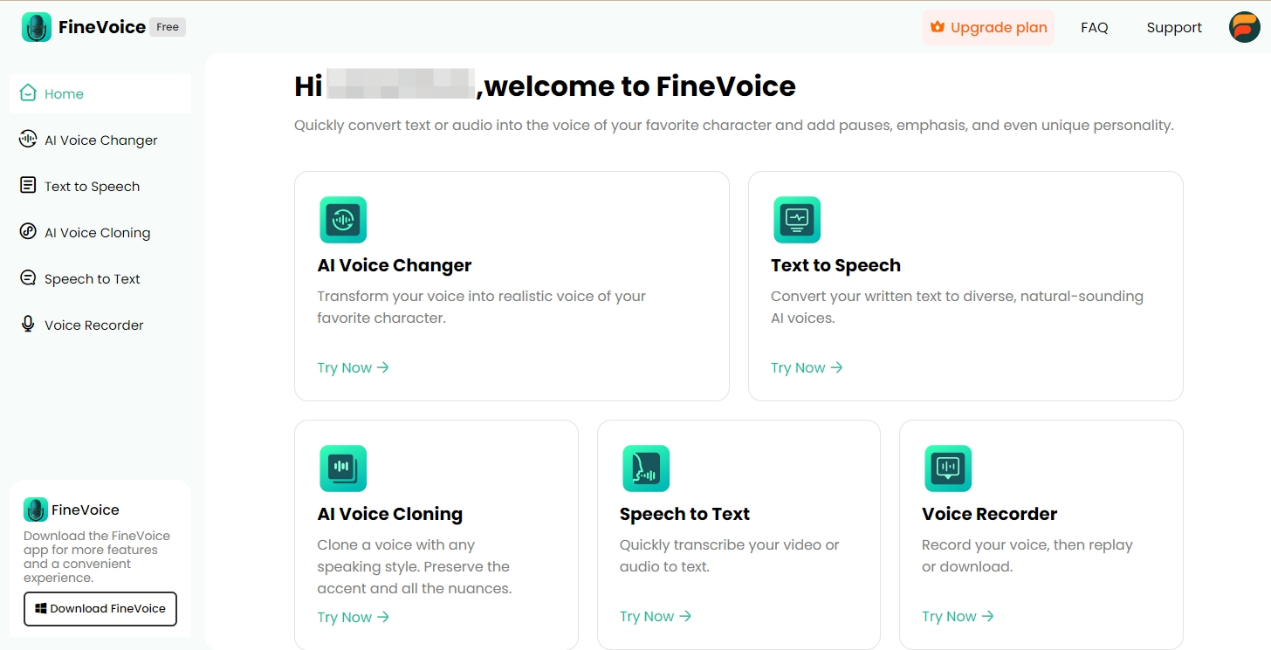 FineVoice web app main interface
