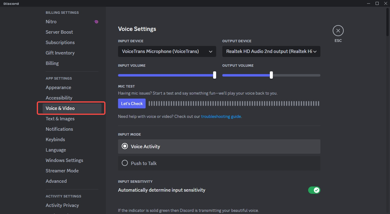 Voice & Video Settings