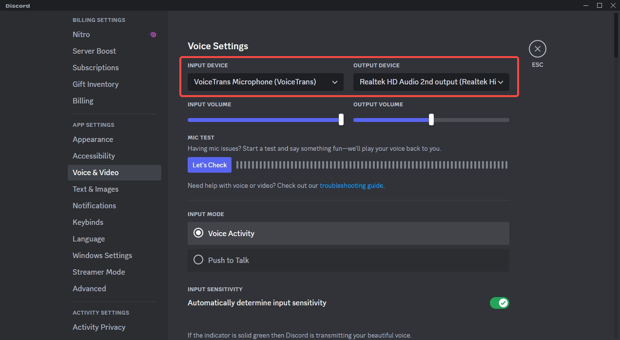 select VoiceTrans Microphone (VoiceTrans) as the input audio device