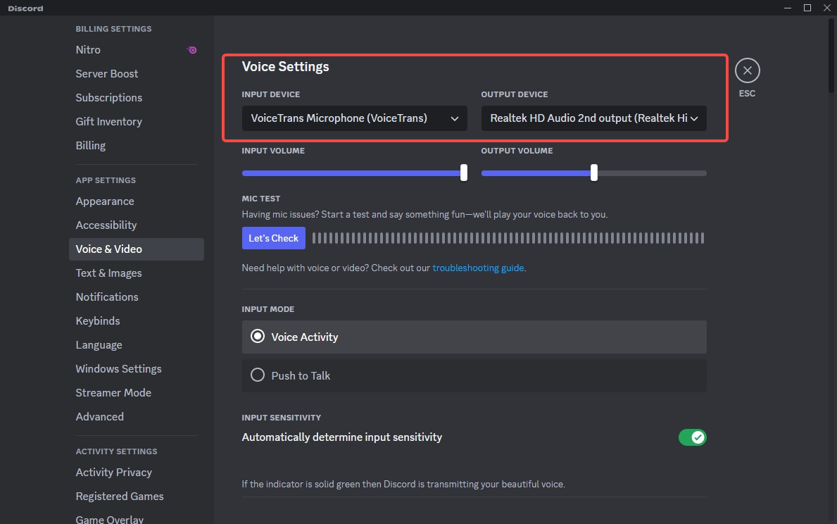 select VoiceTrans as the input device in Discord