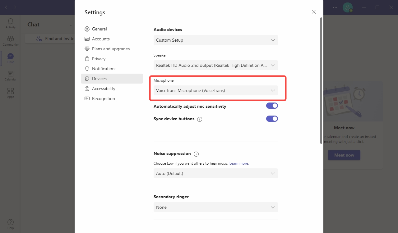 select VoiceTrans as the microphone in Microsoft Teams