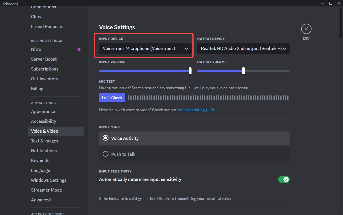 select VoiceTrans as the microphone in Discord