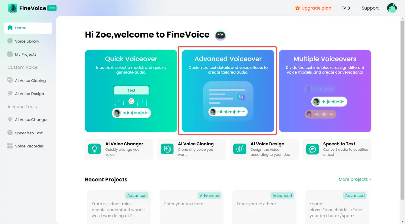 click Advanced voiceover